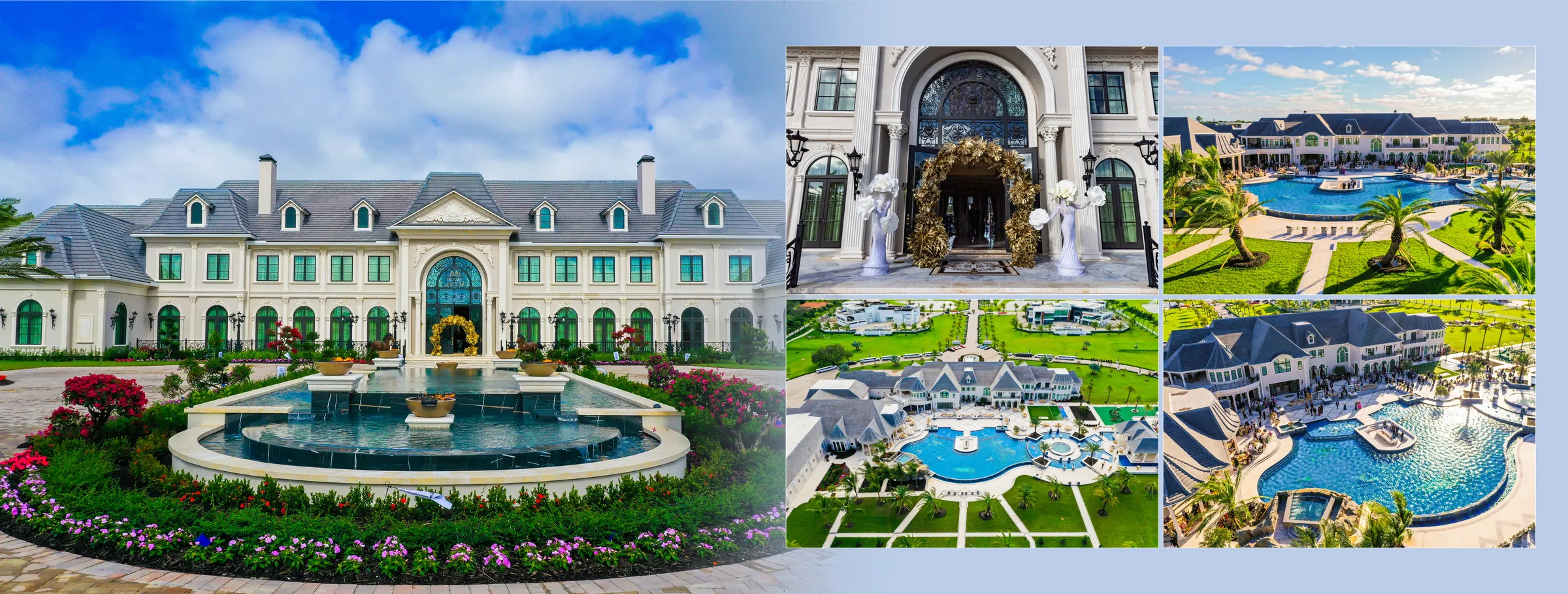 Estate venue with fountain, gardens and pool seen from above