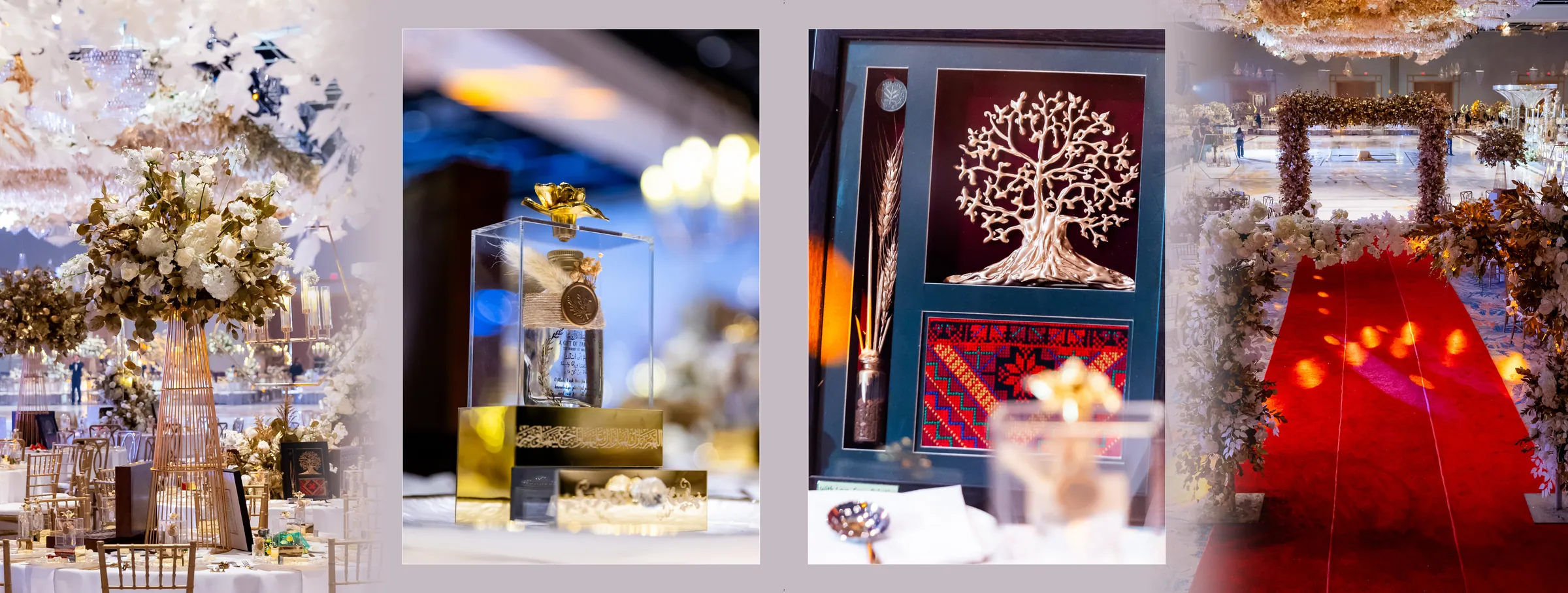 Crystal centerpieces, perfume favors and a red carpet aisle