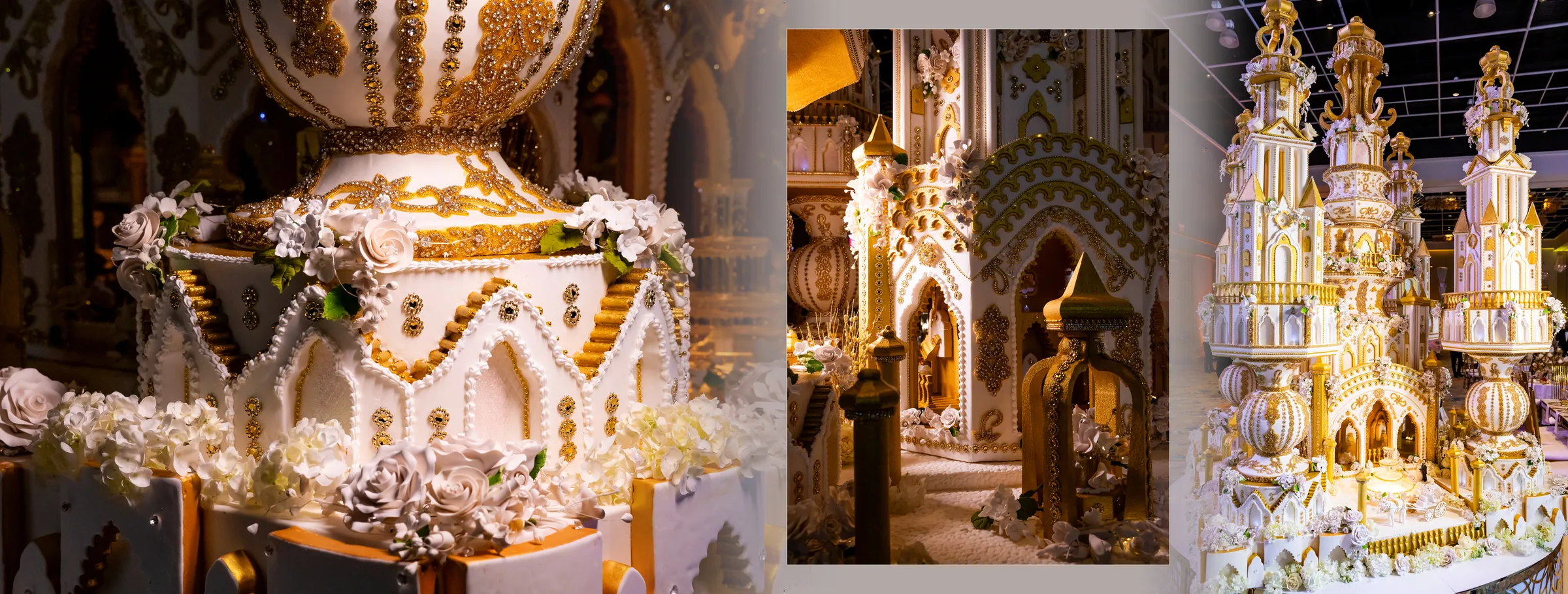 Palace-style wedding cake with gold arches and sugar flowers