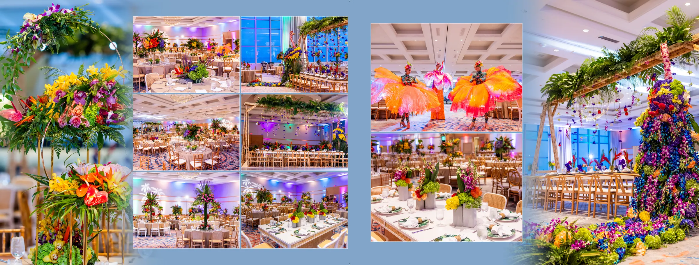 Tropical floral arrangements over colorful reception tables