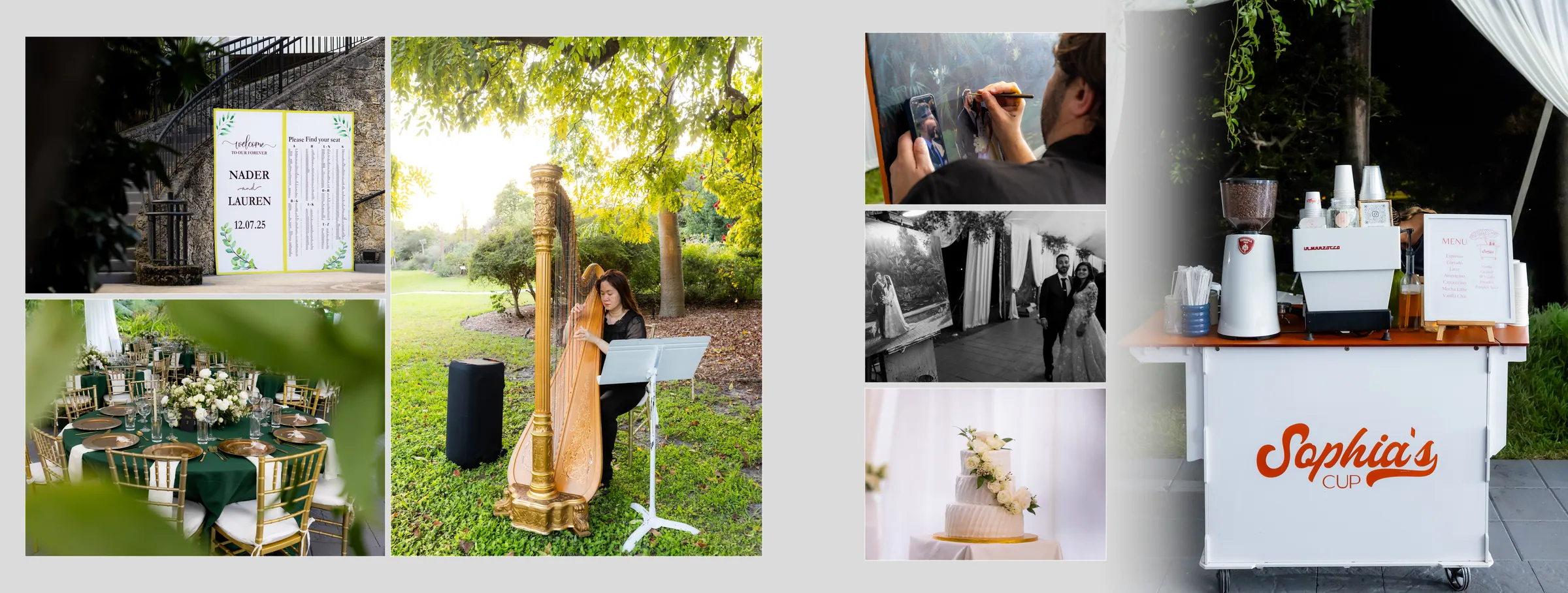 Seating chart, harpist and a coffee cart at the reception