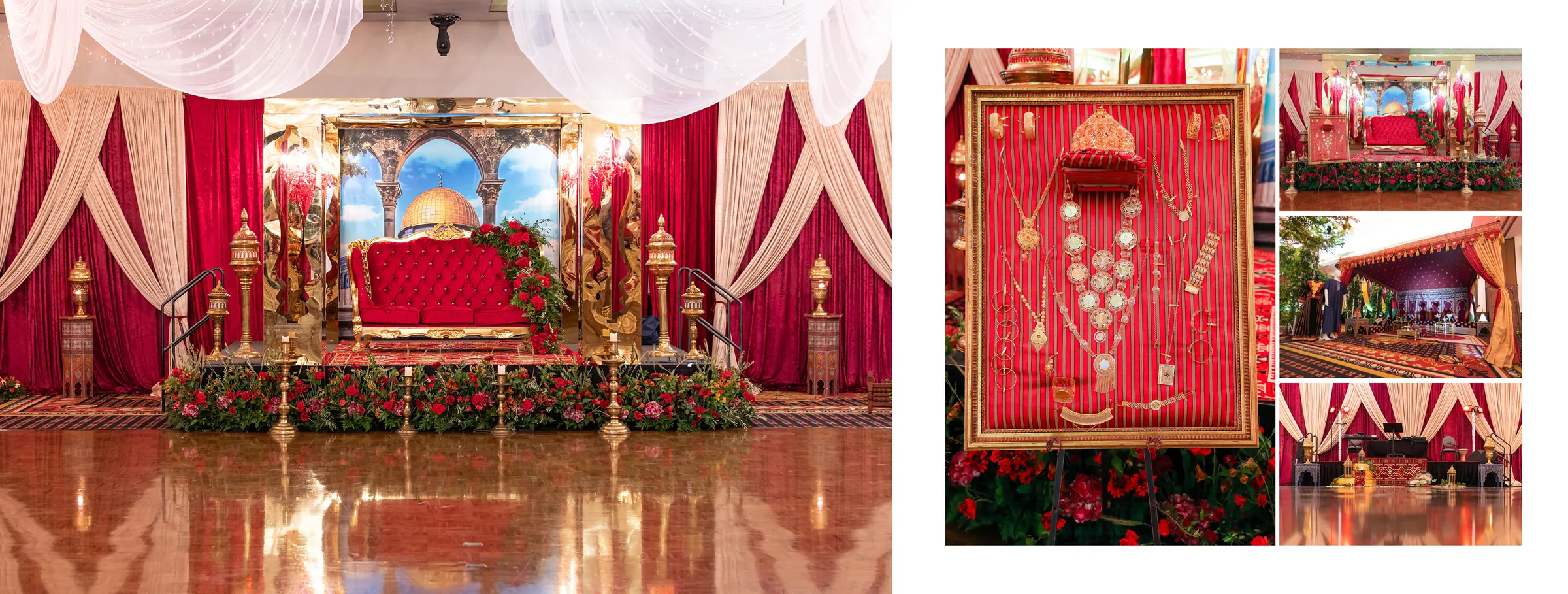 Red and gold henna stage with drapery, jewelry display and floral steps
