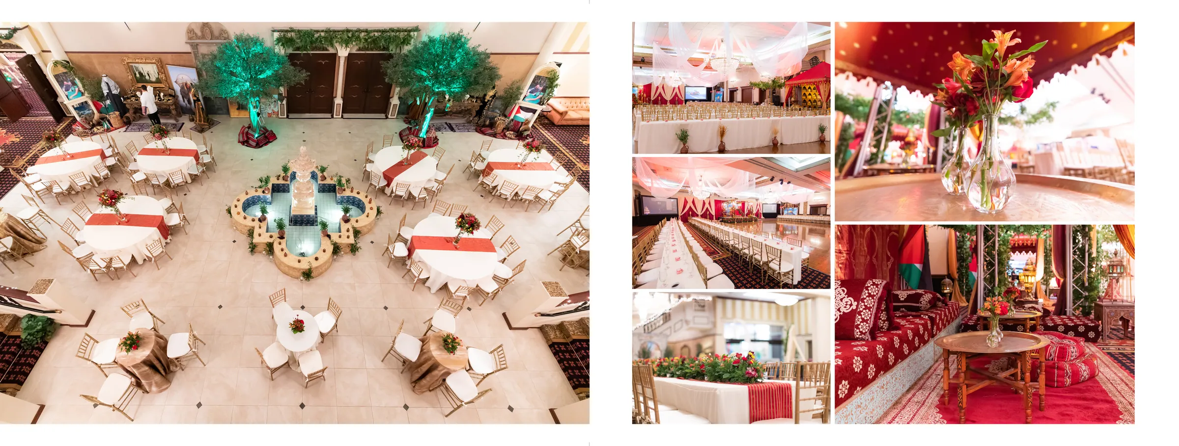 Ballroom from above with teal feather centerpieces, and a red majlis tent