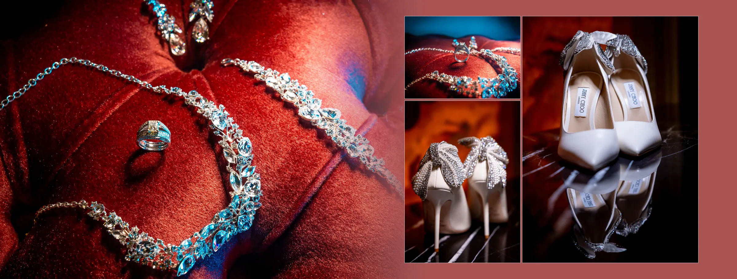 Bridal jewelry on red velvet, bridal heels and engagement ring details