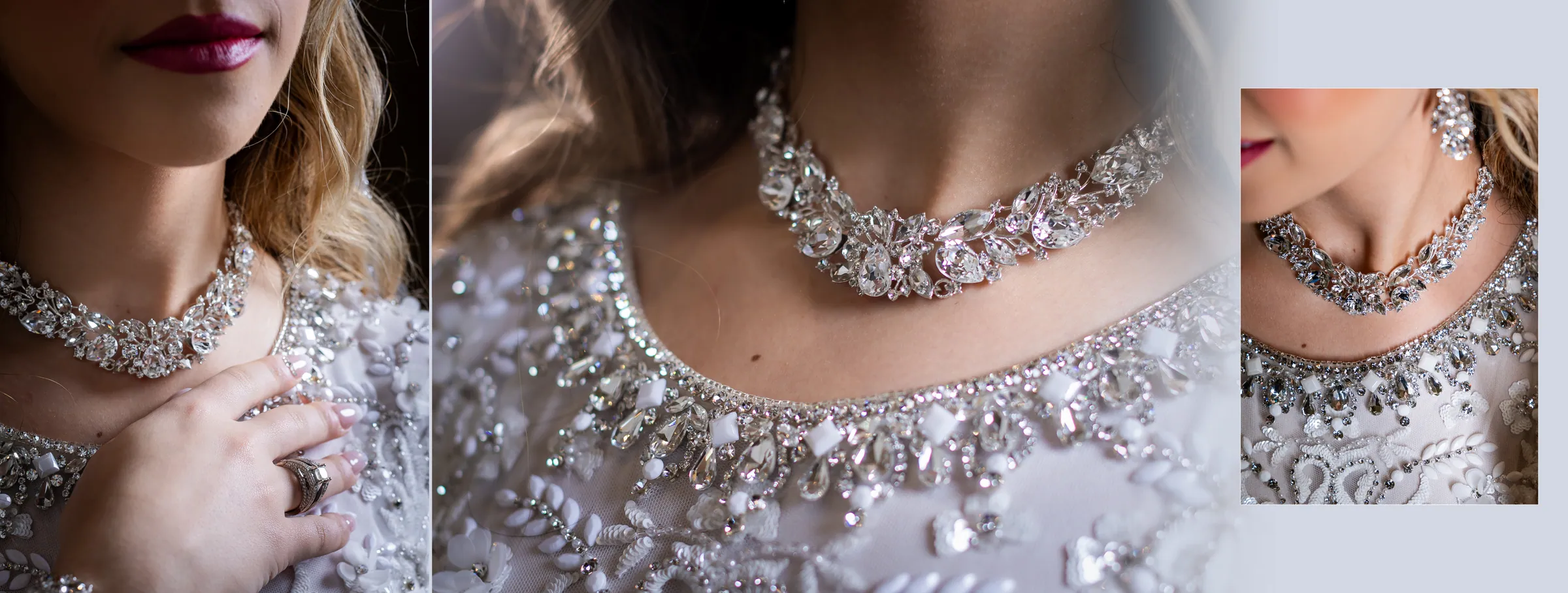 Close-ups of the bride's diamond necklace and embellished gown