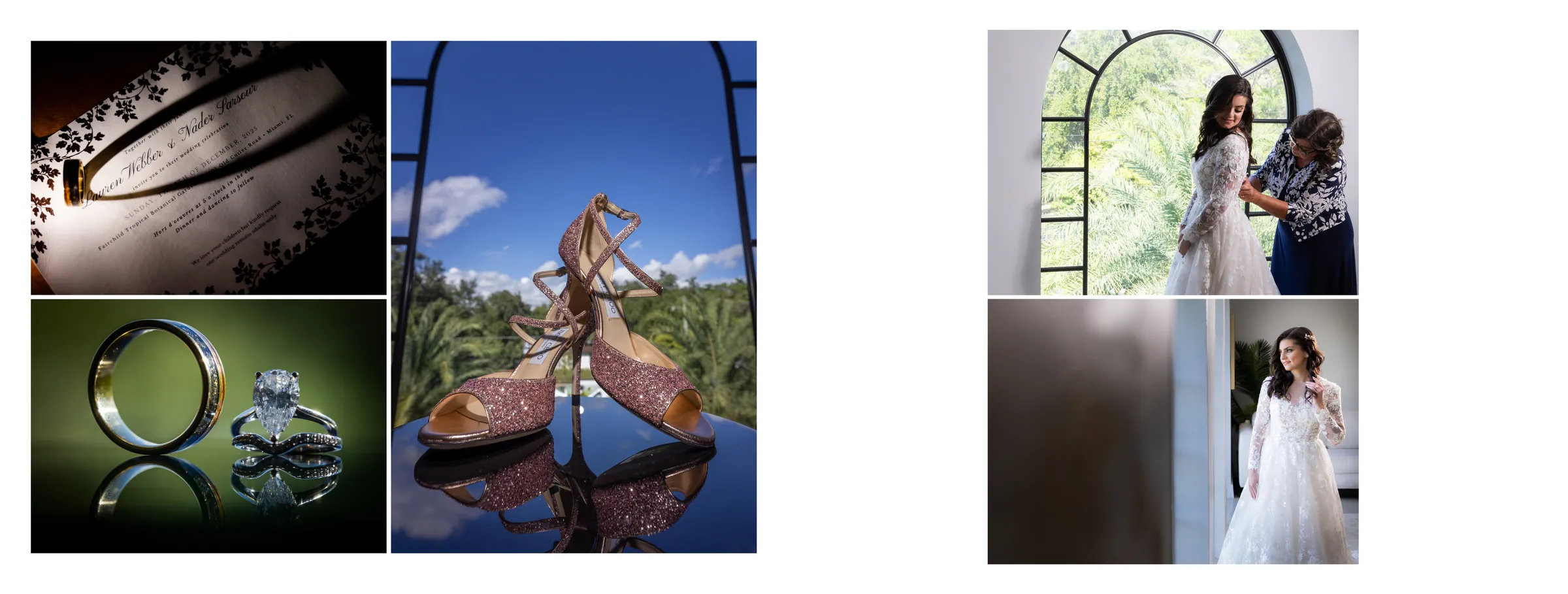 Rings, bridal heels and the couple beneath a garden arch