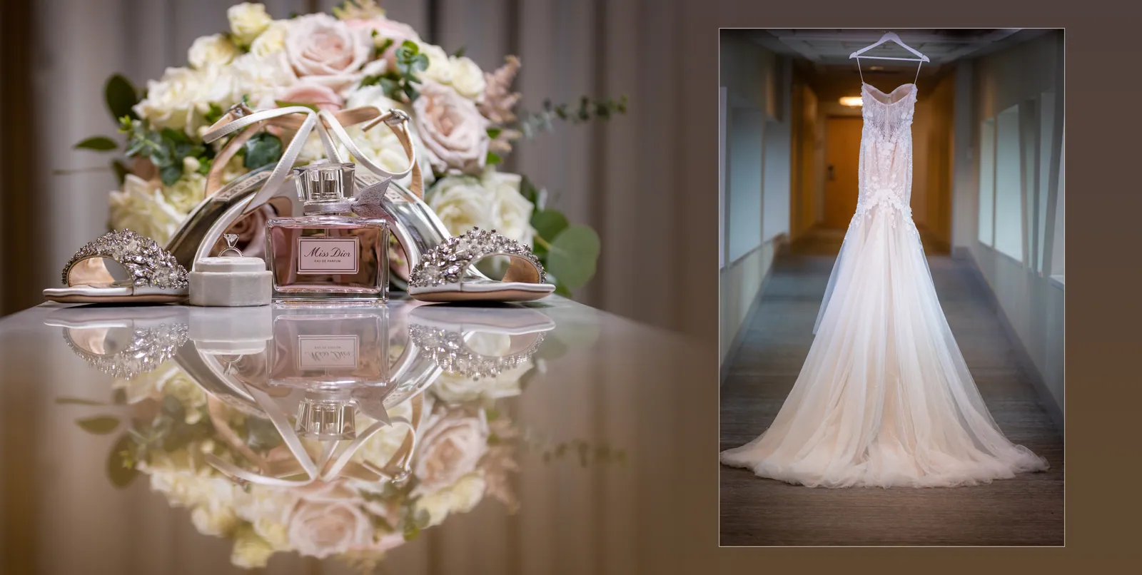 Bouquet, perfume and the gown hanging in the hallway