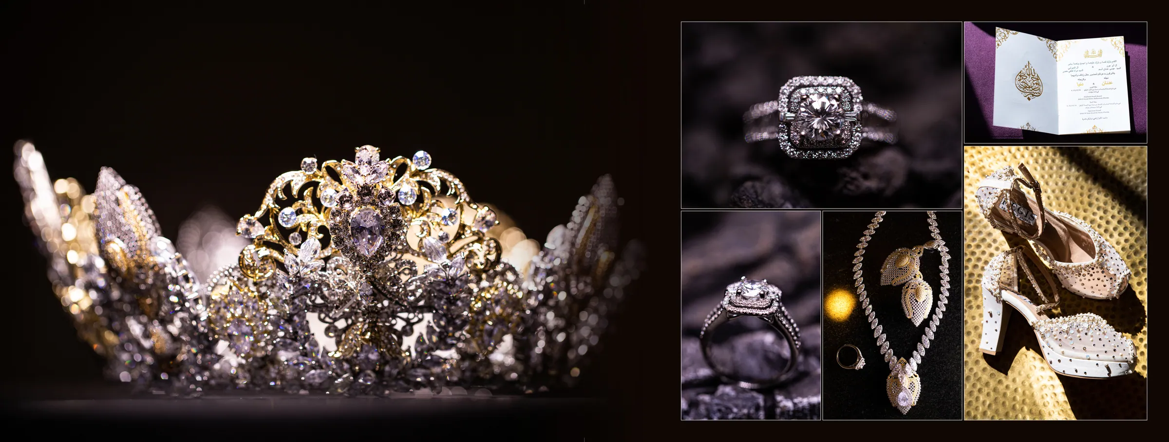 Crown, rings, necklace and bridal shoes
