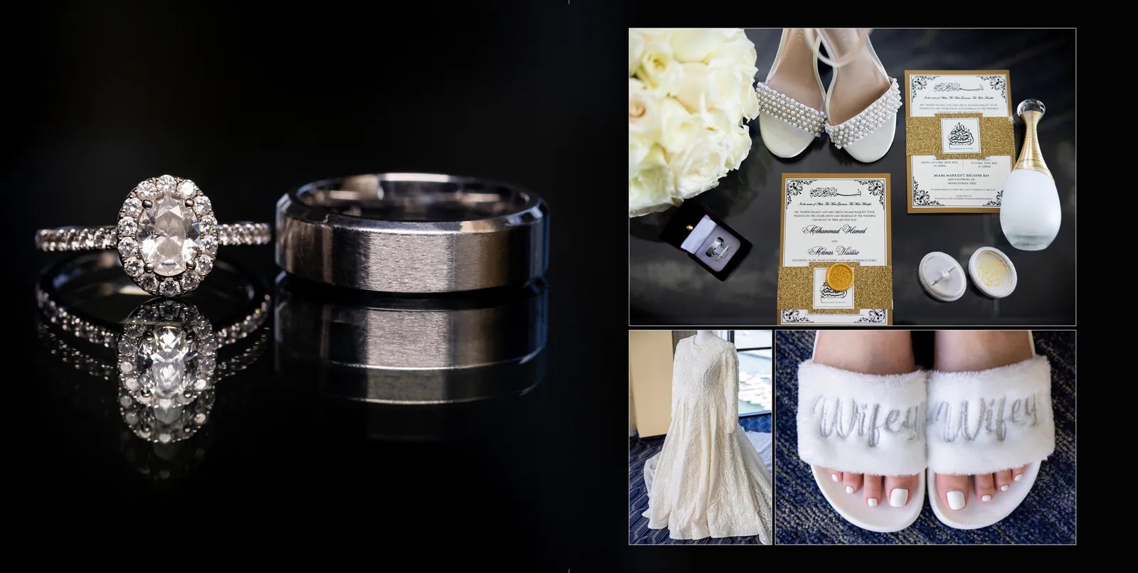 Rings, the invitation suite and bridal slippers