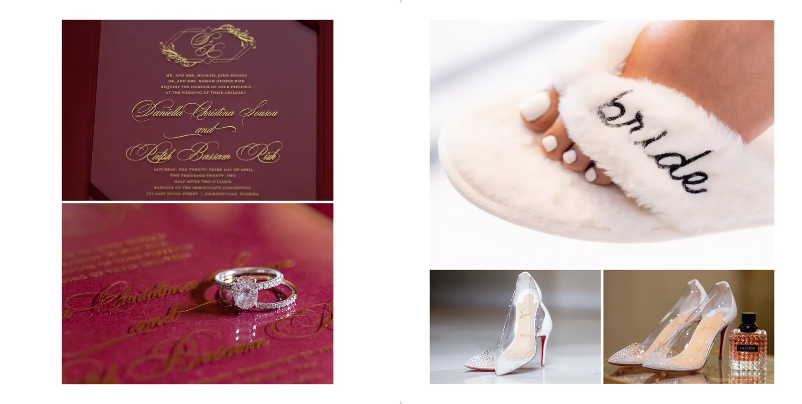 Red and gold invitation with the ring, slippers and heels