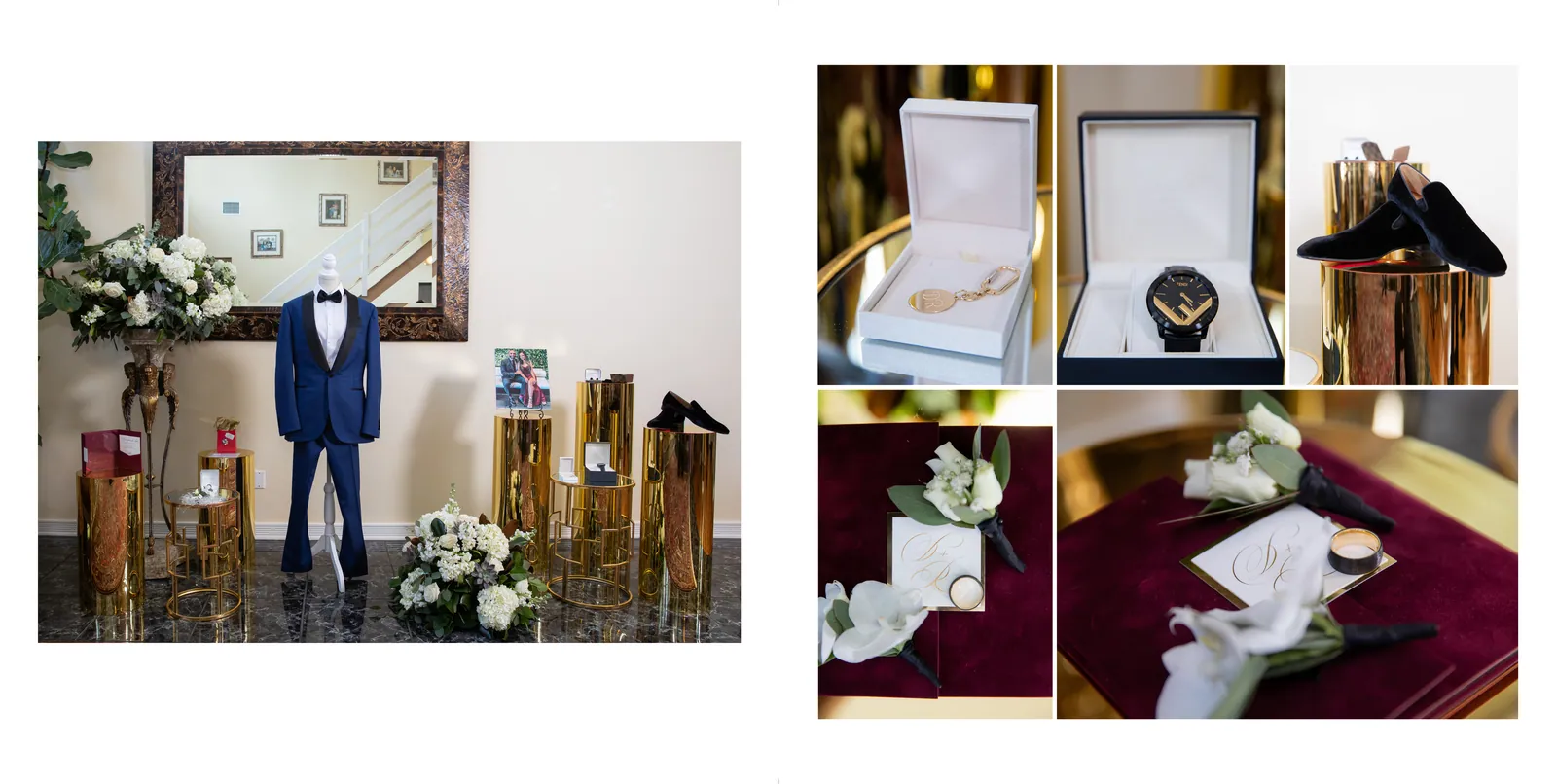 The groom's suit, watch, cufflinks and boutonnière